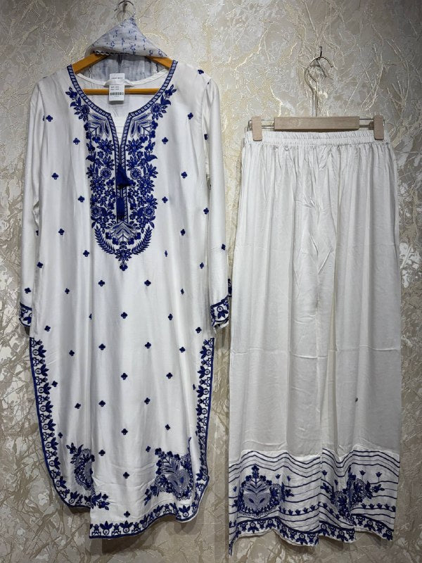Ready To Wear White Rayon Satin Kurti Palazo With Dupatta