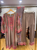 Ready To Wear Dusty Brown Dhani Green IMP Rayon Cotton Thread Work Kurti Palazo With Dupatta
