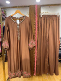 Ready To Wear White Black Brown Dusty Mauve Sage Green IMP Rayon Cotton Hand Work Kurti Palazo With Dupatta