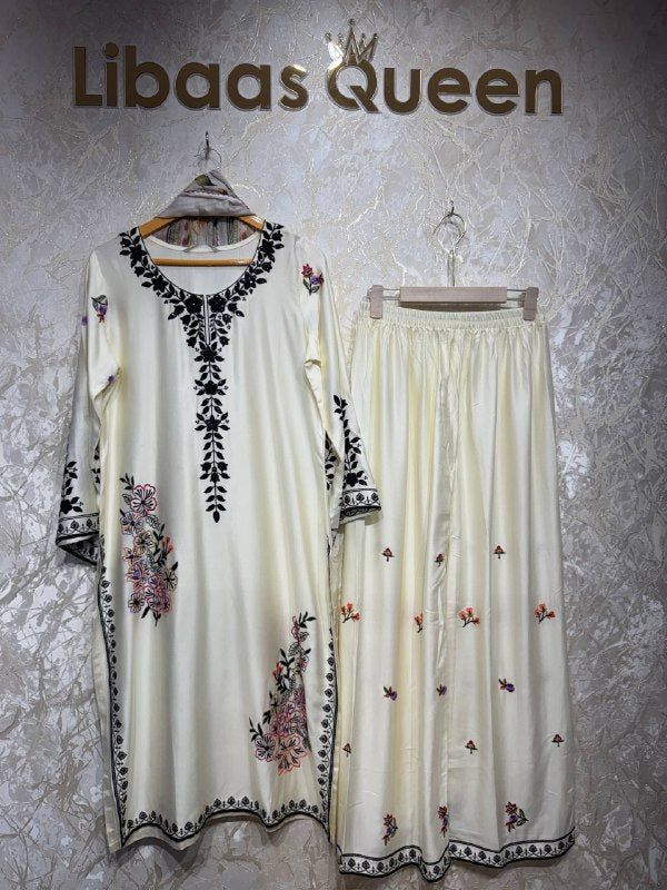 Ready To Wear Cream Wine Sky Blue Lavender Rayon Satin Embroidery Kurti Pant With Dupatta