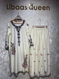 Ready To Wear Cream Wine Sky Blue Lavender Rayon Satin Embroidery Kurti Pant With Dupatta