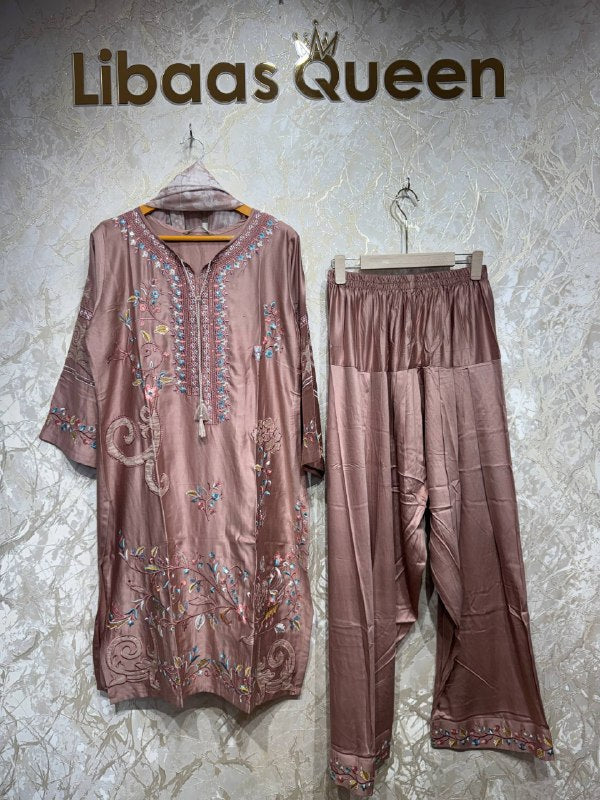 Ready To Wear Peach Black Maroon Rayon Satin Embroidery Farshi Salwar Kurti With Dupatta