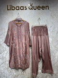 Ready To Wear Peach Black Maroon Rayon Satin Embroidery Farshi Salwar Kurti With Dupatta