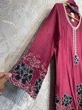 Ready To Wear Berry Pink Rayon Satin Embroidery Kurti Farshi Salwar With Dupatta