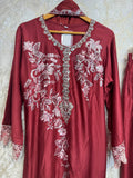Ready To Wear Cherry Red Rayon Satin Embroidery Kurti Farshi Salwar With Dupatta