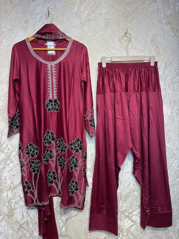 Ready To Wear Berry Pink Rayon Satin Embroidery Kurti Farshi Salwar With Dupatta