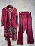 Ready To Wear Berry Pink Rayon Satin Embroidery Kurti Farshi Salwar With Dupatta