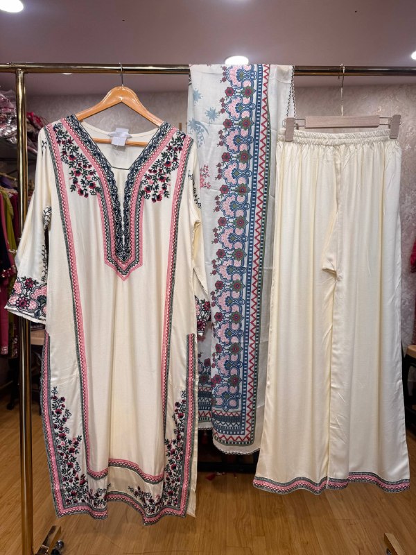 Ready To Wear White Maroon Golden IMP Rayon Cotton Kurti Palazo With Dupatta