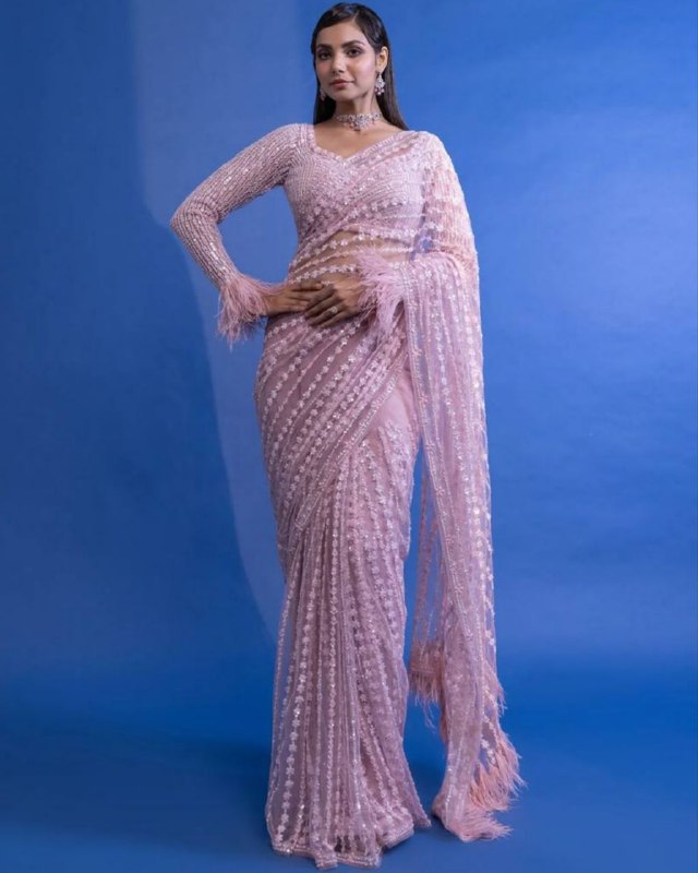 Georgette Butterfly Mono Net Sequence Work Saree With Blouse