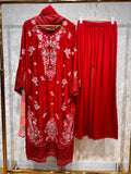 Ready To Wear Fanta Color White Black Rayon Satin Embroidery Kurti Plazo With Dupatta
