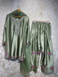 Ready To Wear Pista Green And Purple Natural Crep Silk Embroidery Kurti Farshi Salwar With Dupatta