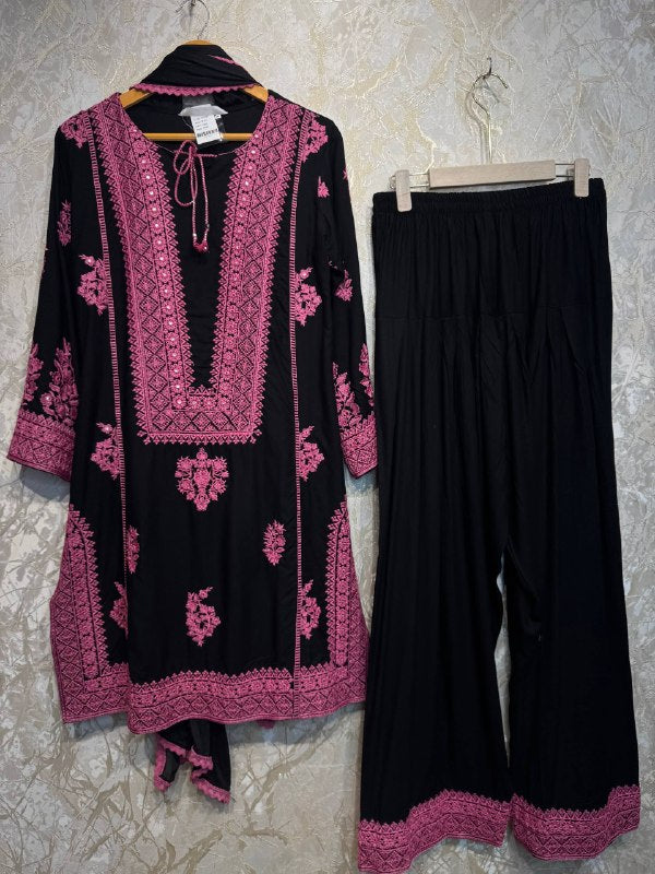 Ready To Wear Black Mustard Peacock Green Rayon Satin Embroidery Kurti Farshi Salwar With Dupatta
