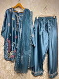 Ready To Wear Dusty Teal Blue And Purple Crunchy Silk Kurti Farshi Salwar With Dupatta