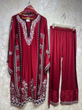Ready To Wear Maroon White Purple Orange Rayon Satin Embroidery Kurti Palazo With Dupatta