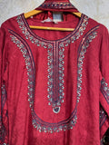 Ready To Wear Crimson Red IMP Rayon Satin Embroidery Kurti Farshi Salwar With Dupatta