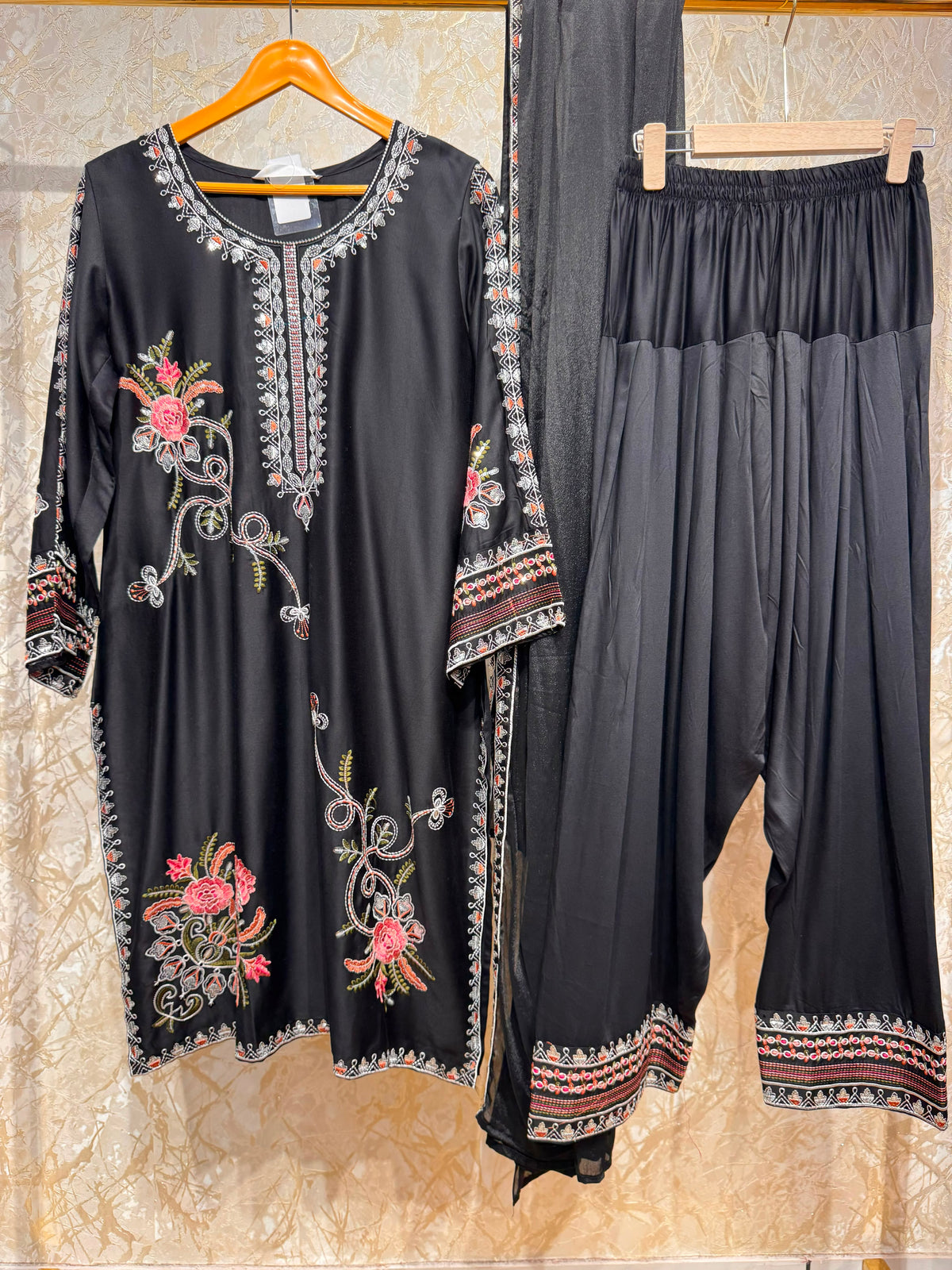 Ready To Wear Black Maroon Navy Blue Copper Brown Rayon Satin Embroidery Kurti Farshi Salwar With Dupatta