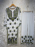 Ready To Wear White Green Rayon Cotton Chikankari Kurti Palazo