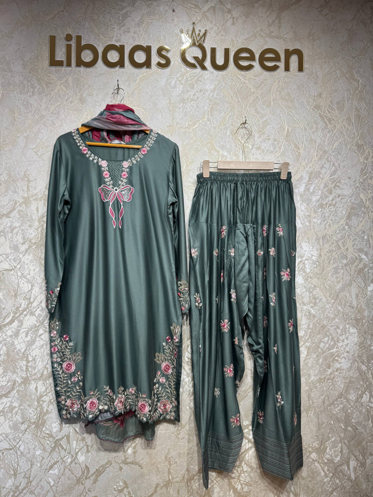 Ready To Wear Dusty Teal Green Cream Sky Powder Blue Rayon Satin Embroidery Farshi Salwar Kurti With Dupatta