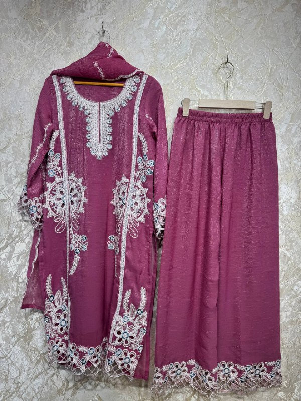 Ready To Wear Dark Rose Pink IMP Crunchy Silk Embroidery Kurti Palazo With Dupatta