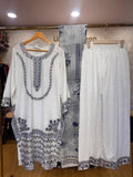 Ready To Wear Taupe Brown Light Purple White Black Peach Jacquard Cotton Kurti Palazo With Dupatta
