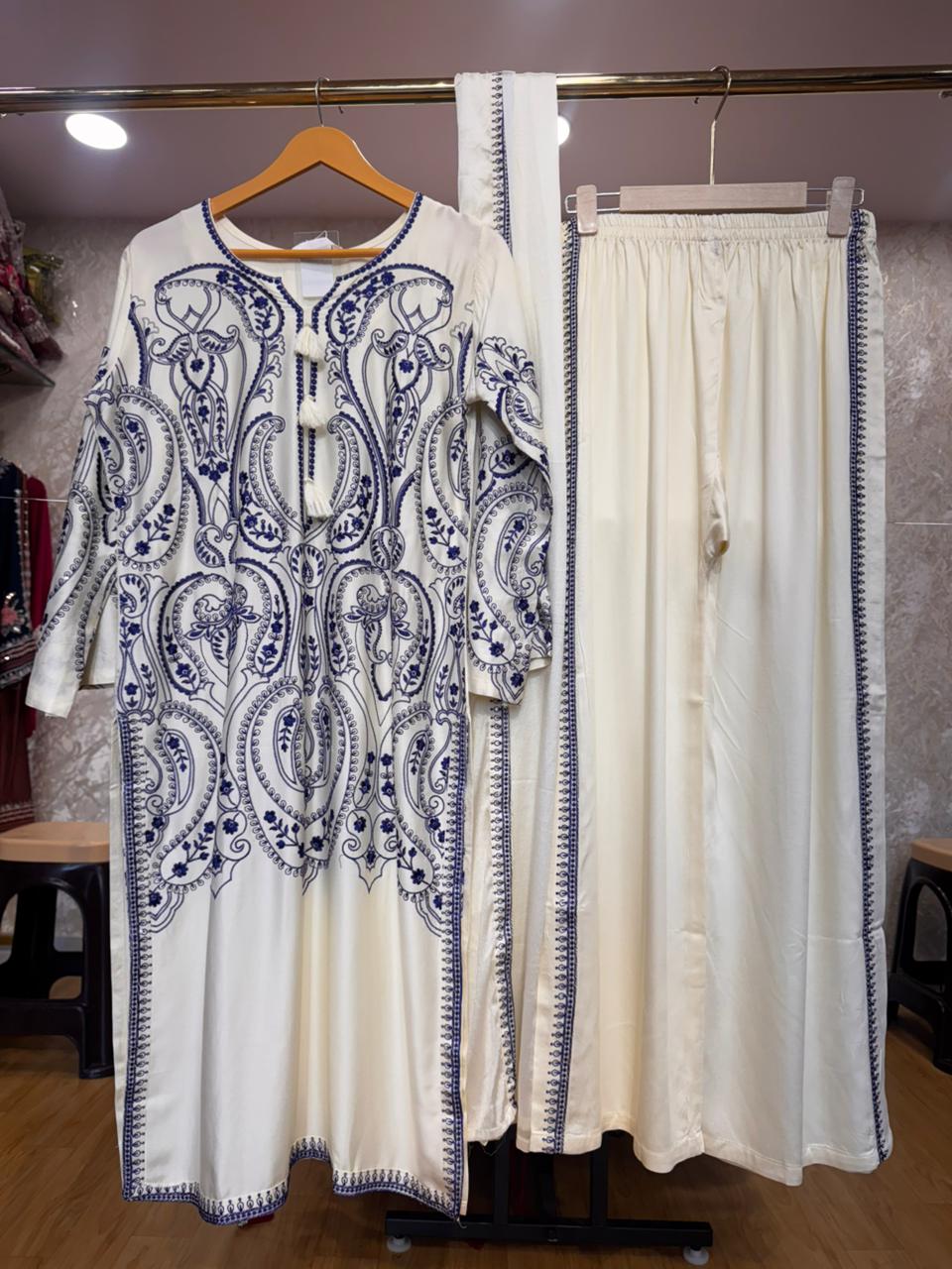Ready To Wear Cream Antique Gold IMP Rayon Cotton Kashmiri Work Kurti Palazo With Dupatta