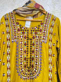 Ready To Wear Mustard Rayon Satin Embroidery Kurti Farshi Salwar With Dupatta