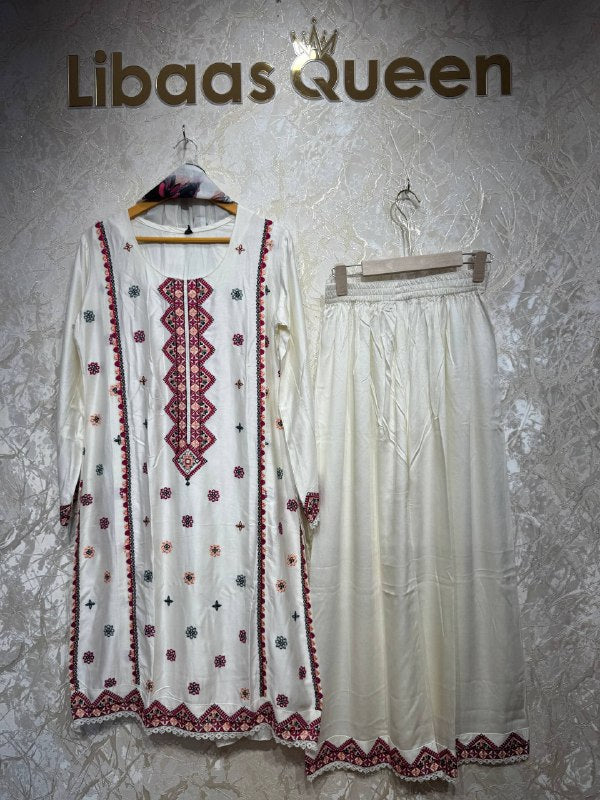Ready To Wear White Rayon Satin Embroidery Kurti Palazo With Dupatta