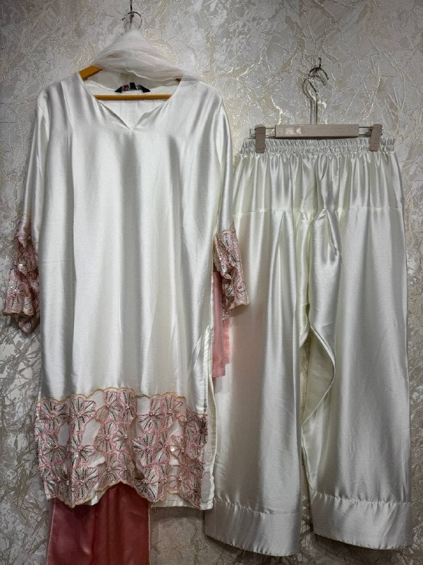 Ready To Wear White Natural Crep Silk Embroidery Kurti Farshi Salwar With Dupatta