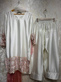 Ready To Wear White Natural Crep Silk Embroidery Kurti Farshi Salwar With Dupatta