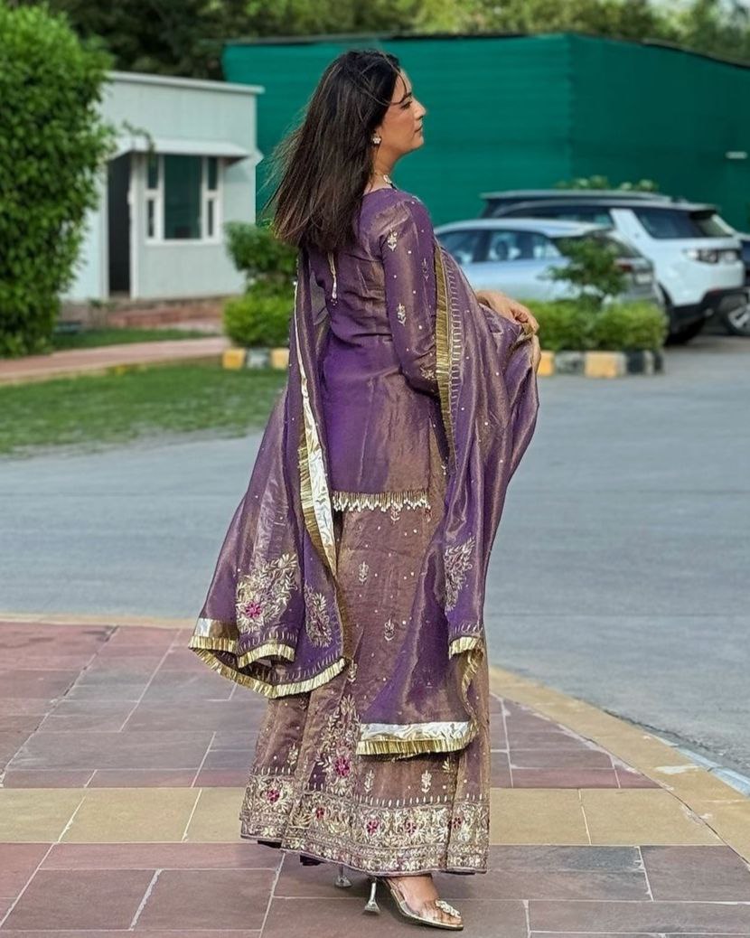 Exclusive Light Purple Pure Silk Sequence Work Sharara Suit With Dupatta