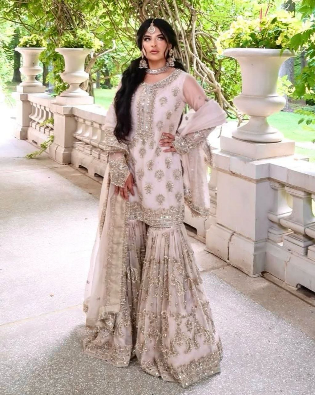 Ready To Wear White Soft Georgette Sequence Work Gharara Suit With Dupatta