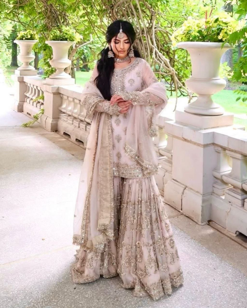 Ready To Wear White Soft Georgette Sequence Work Gharara Suit With Dupatta