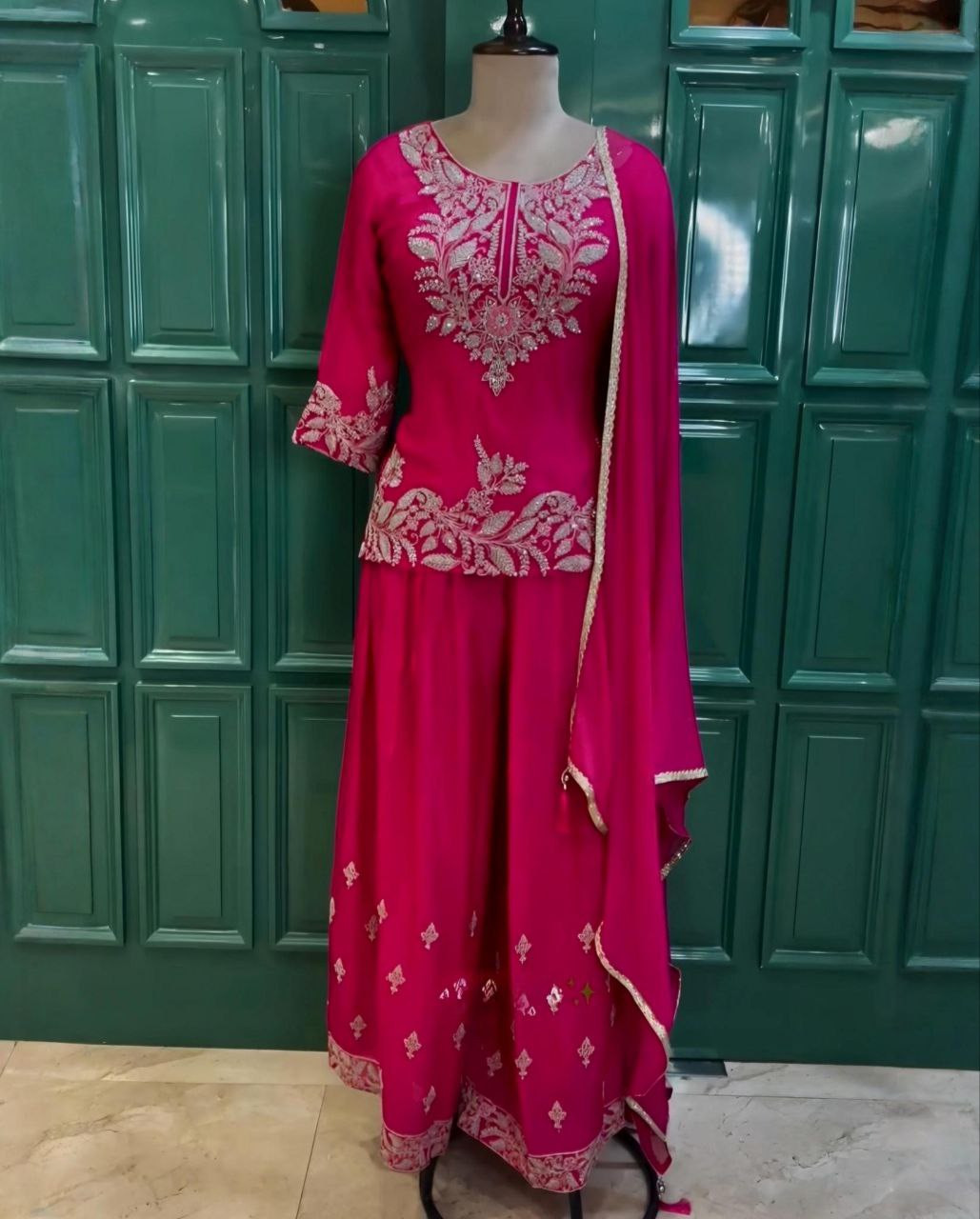 Ready To Wear Hot Pink Chinon Silk Embroidery Work Sharara Suit With Dupatta