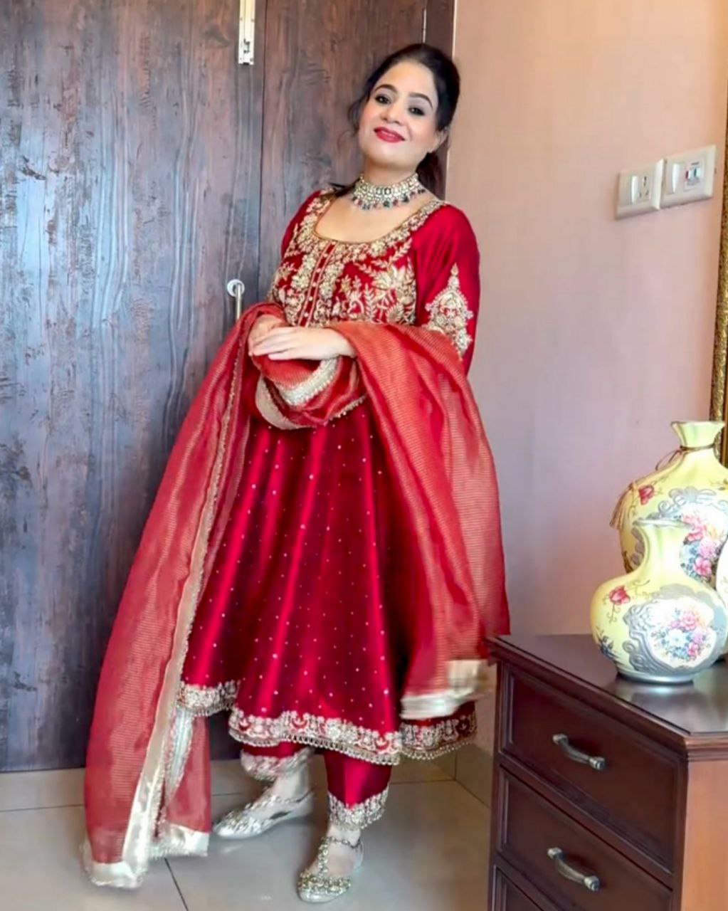 Ready To Wear Hot Red Chinon Silk Embroidery Work Anarkali Suit With Dupatta