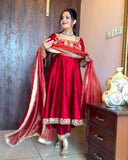 Ready To Wear Hot Red Chinon Silk Embroidery Work Anarkali Suit With Dupatta