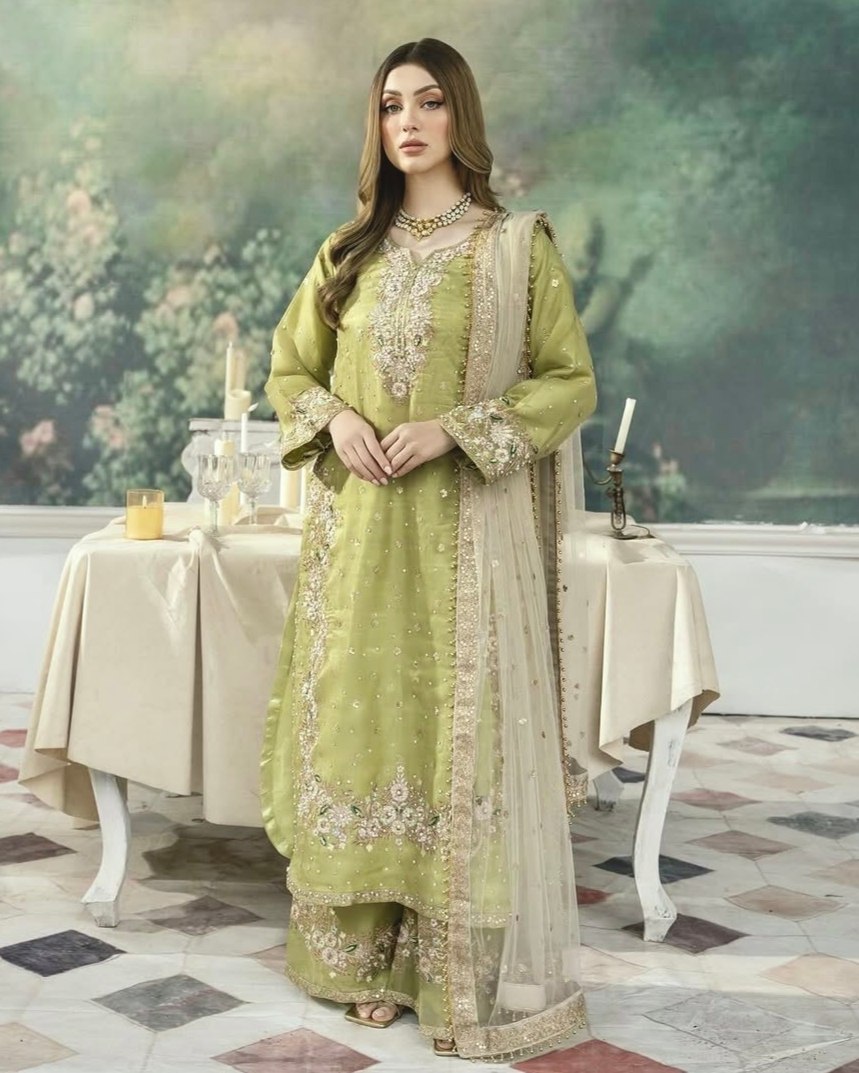 Exclusive Green , Red & Black Jimmy Silk Embroidery Work Pakistani Suit With Dupatta