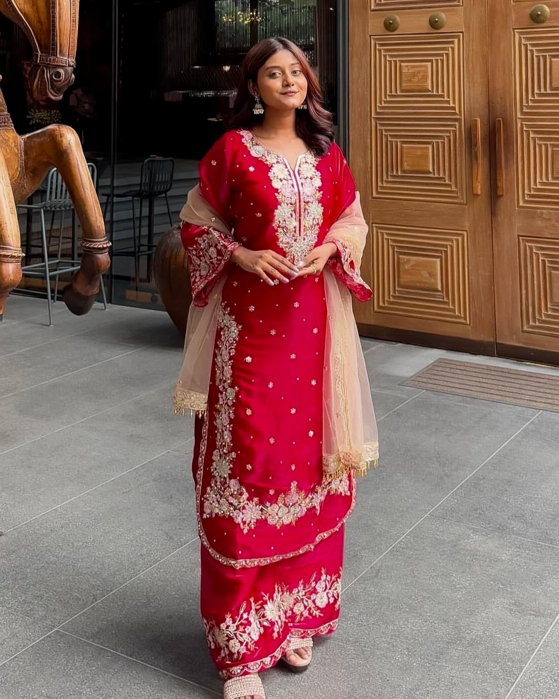 Exclusive Green , Red & Black Jimmy Silk Embroidery Work Pakistani Suit With Dupatta