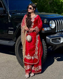 Exclusive Green , Red & Black Jimmy Silk Embroidery Work Pakistani Suit With Dupatta