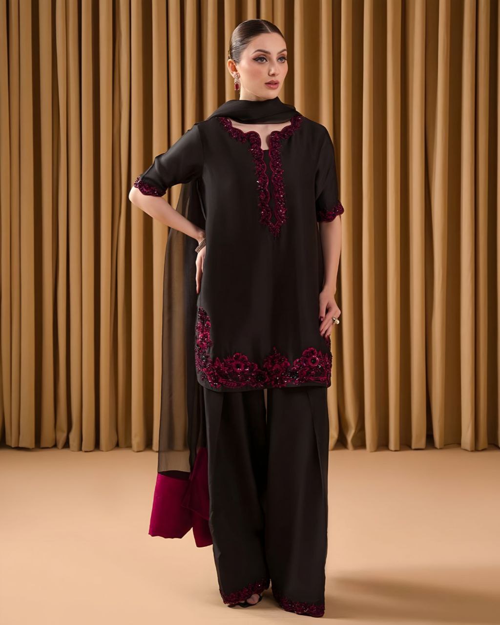 Exclusive Black Pure Crep Sequence Work Farshi Suit With Dupatta