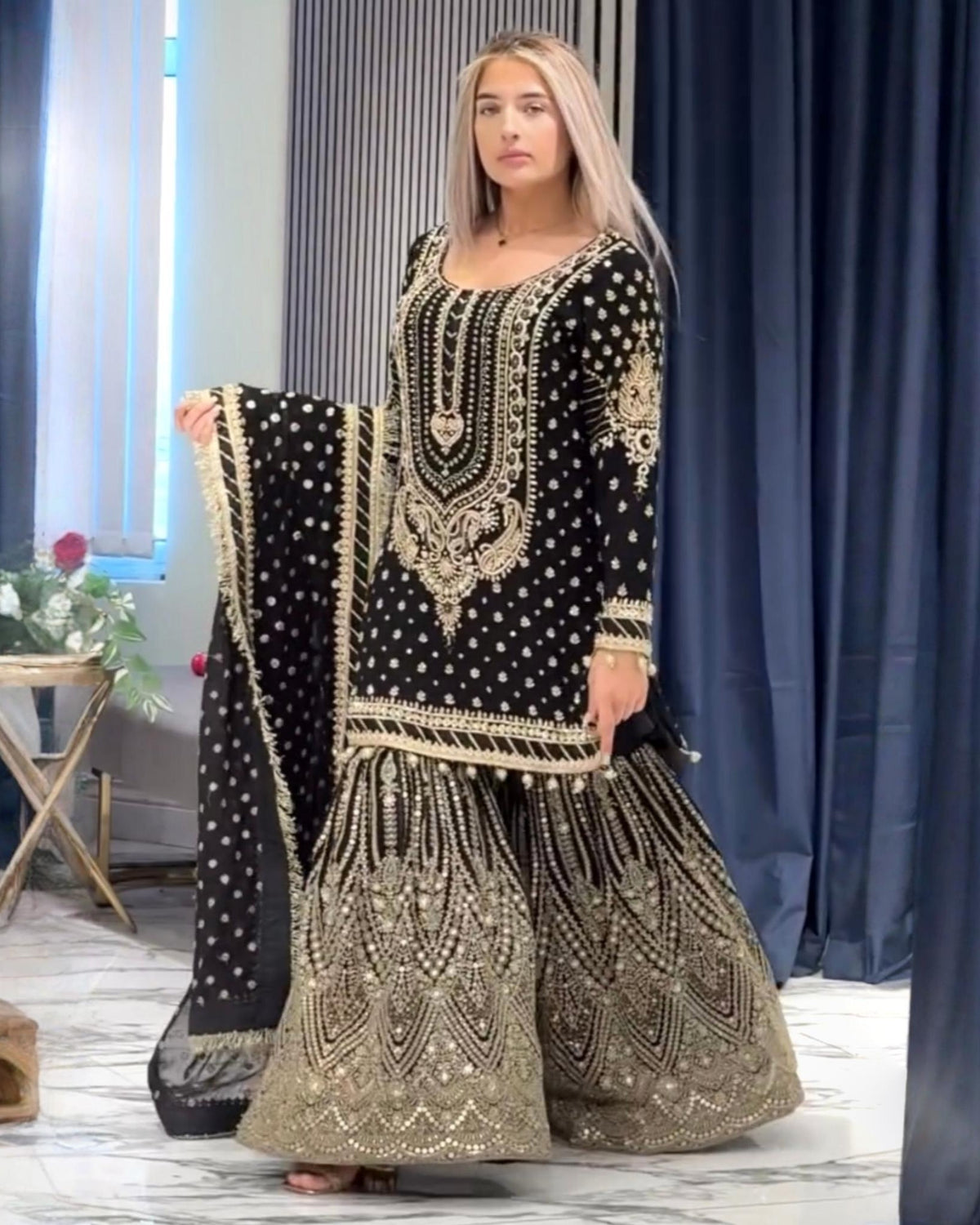 Exclusive Black , Fanta & Pink Soft Georgette Embroidery Work Gharara Suit With Dupatta