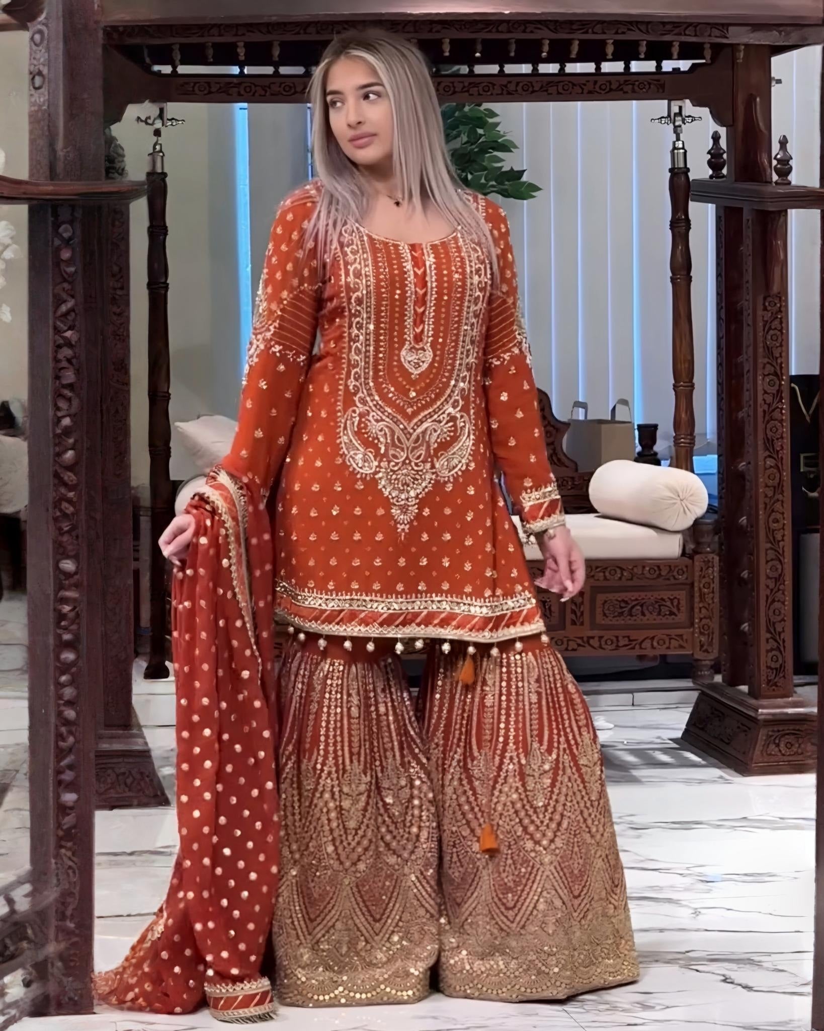 Exclusive Black , Fanta & Pink Soft Georgette Embroidery Work Gharara Suit With Dupatta