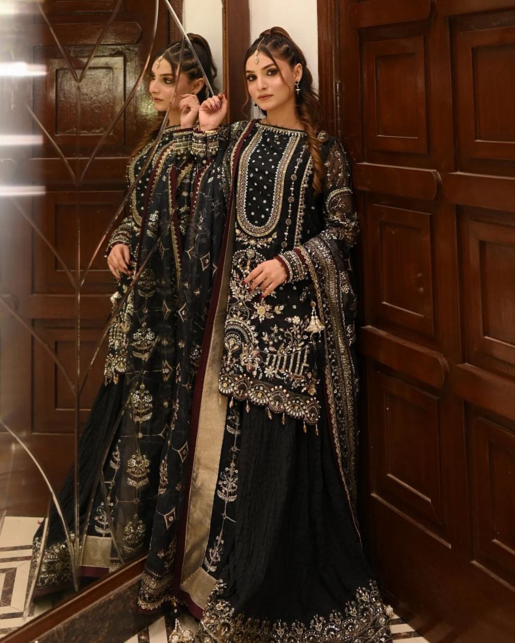 Exclusive Black Chinon Silk Sequence Work Sharara Suit With Dupatta