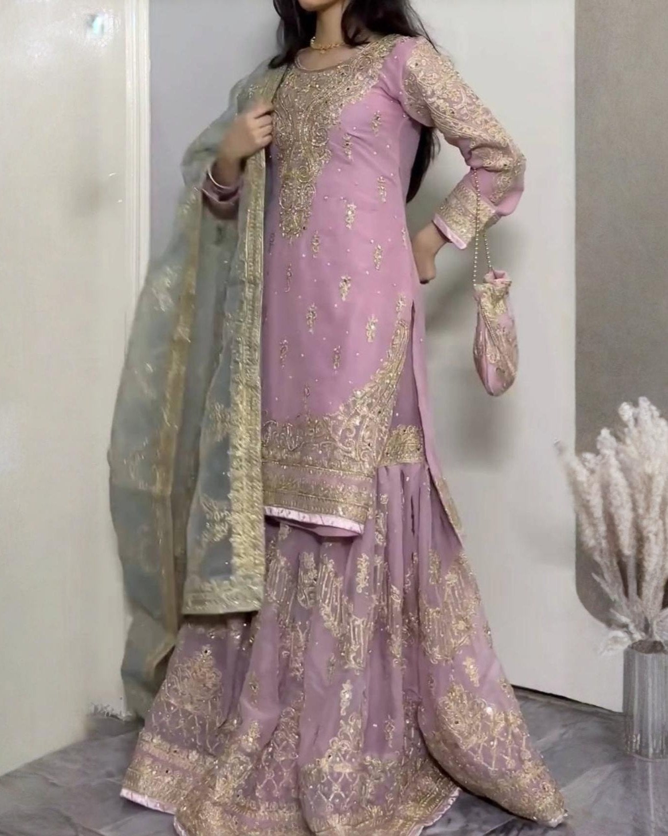 Exclusive Lilac Georgette Embroidery Work Gharara Suit With Sky Dupatta