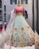 Ready To Wear Sky & Yellow Organza Silk Embroidery Work Lehenga Choli With Dupatta