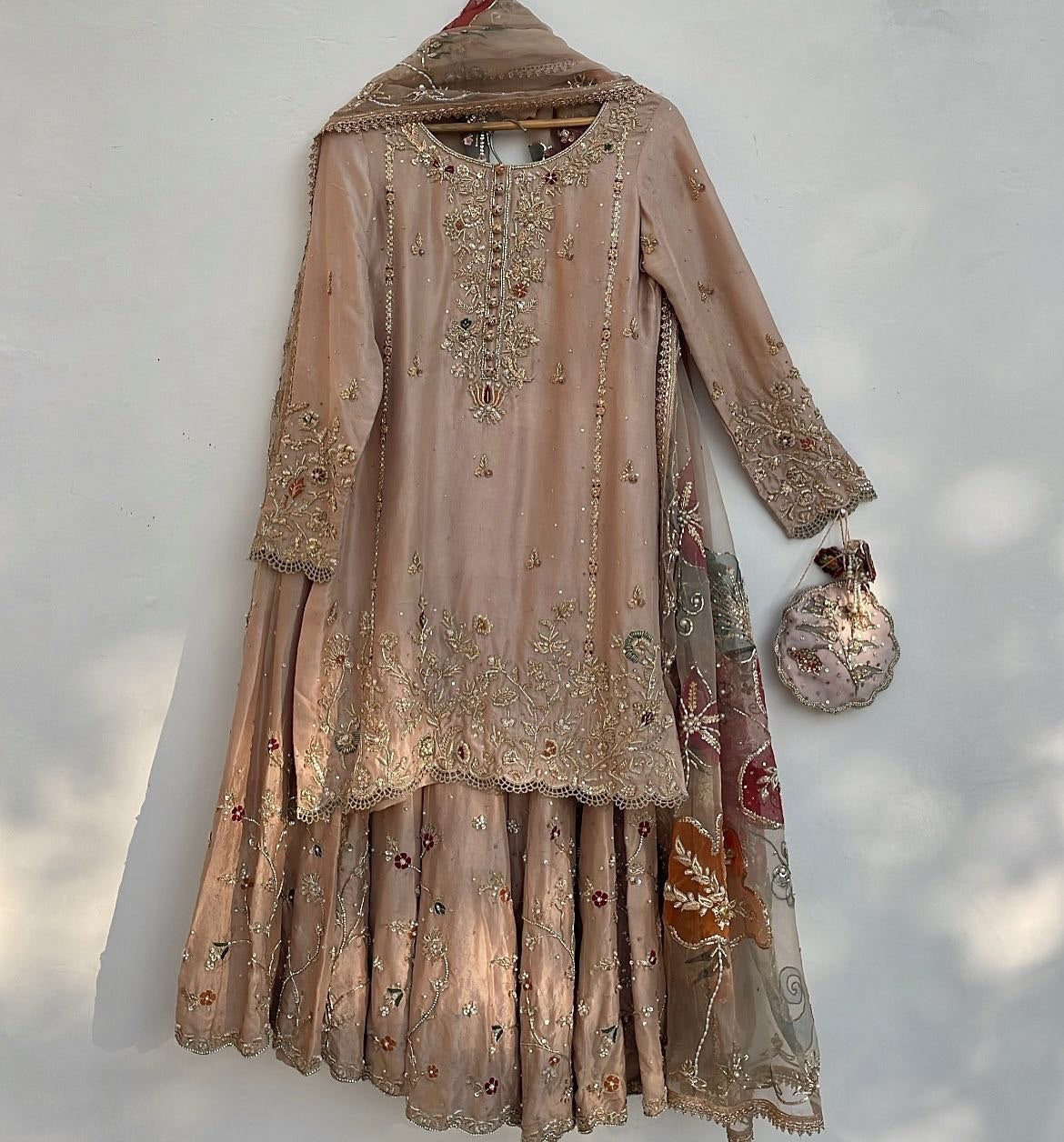 Ready To Wear Sand Beige Chinon Silk Embroidery Work Sharara Suit With Dupatta