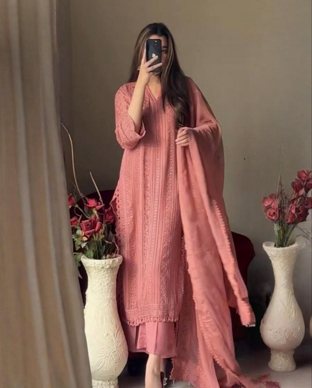 Ready To Wear Lime , Peach & Sky Georgette Silk Thread Work Pant Suit With Dupatta