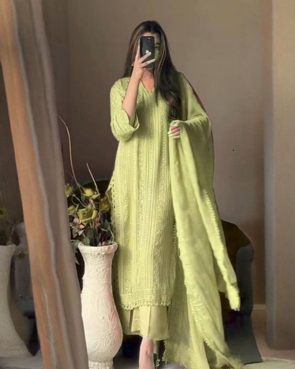 Ready To Wear Lime , Peach & Sky Georgette Silk Thread Work Pant Suit With Dupatta