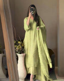 Ready To Wear Lime , Peach & Sky Georgette Silk Thread Work Pant Suit With Dupatta