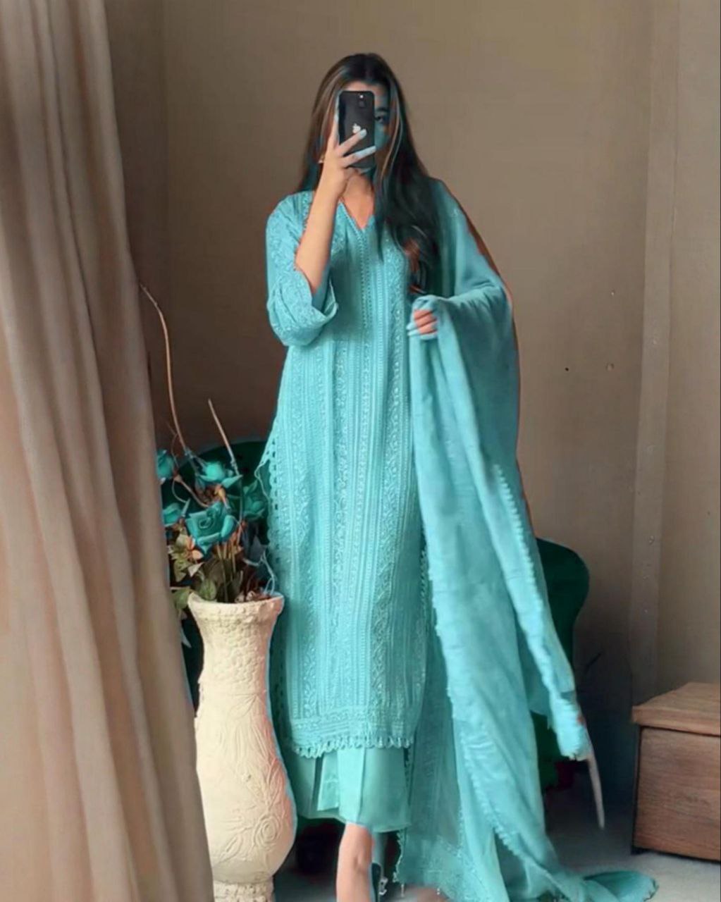 Ready To Wear Lime , Peach & Sky Georgette Silk Thread Work Pant Suit With Dupatta