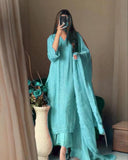 Ready To Wear Lime , Peach & Sky Georgette Silk Thread Work Pant Suit With Dupatta